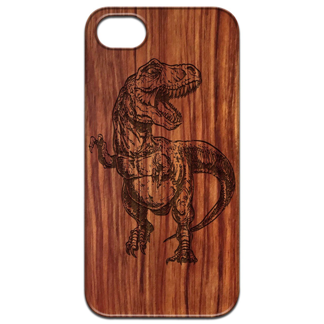 Dinosaur Engraved wooden phone case showcasing intricate laser engraving on a natural wood surface with a rubber bumper.