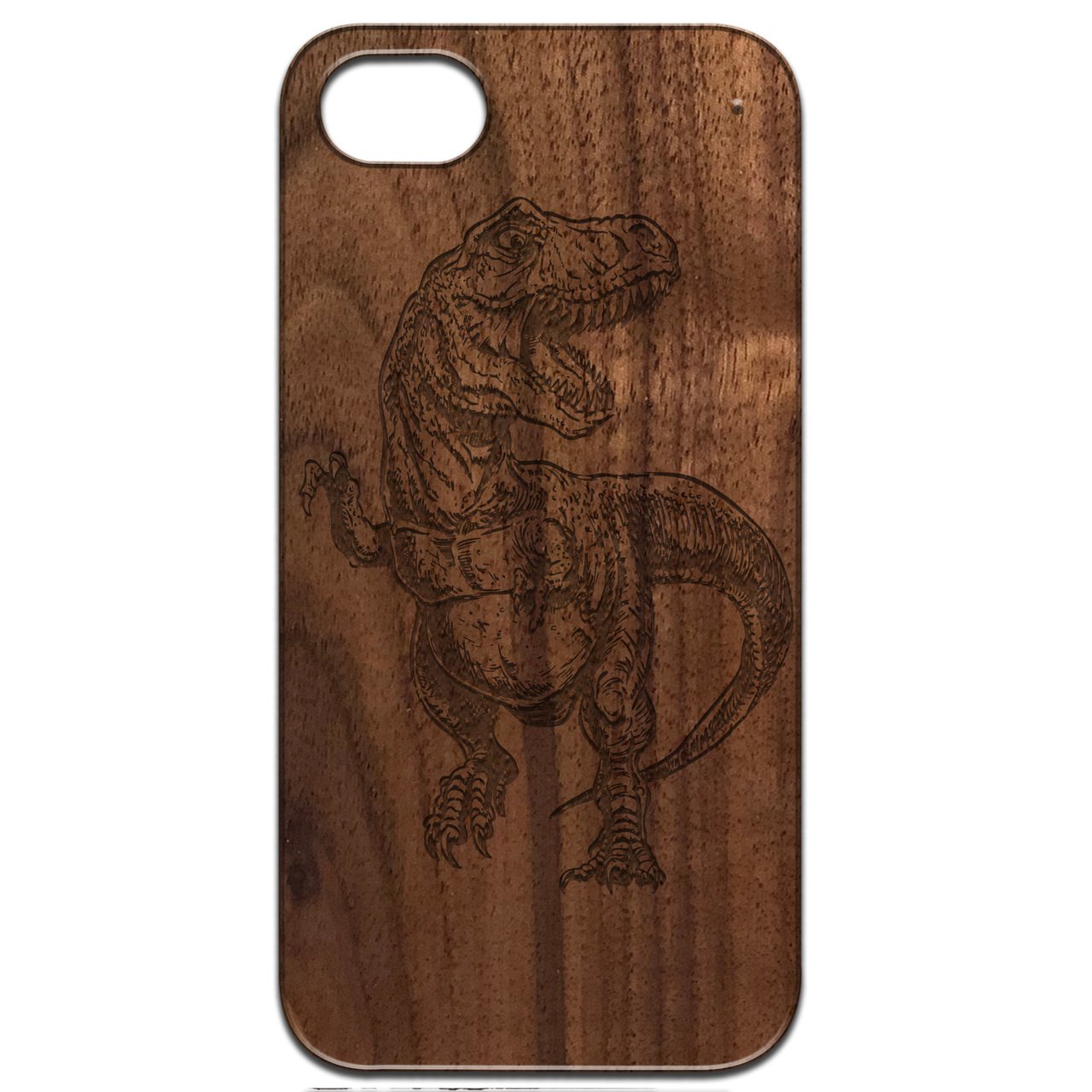 Dinosaur Engraved wooden phone case showcasing intricate laser engraving on a natural wood surface with a rubber bumper.