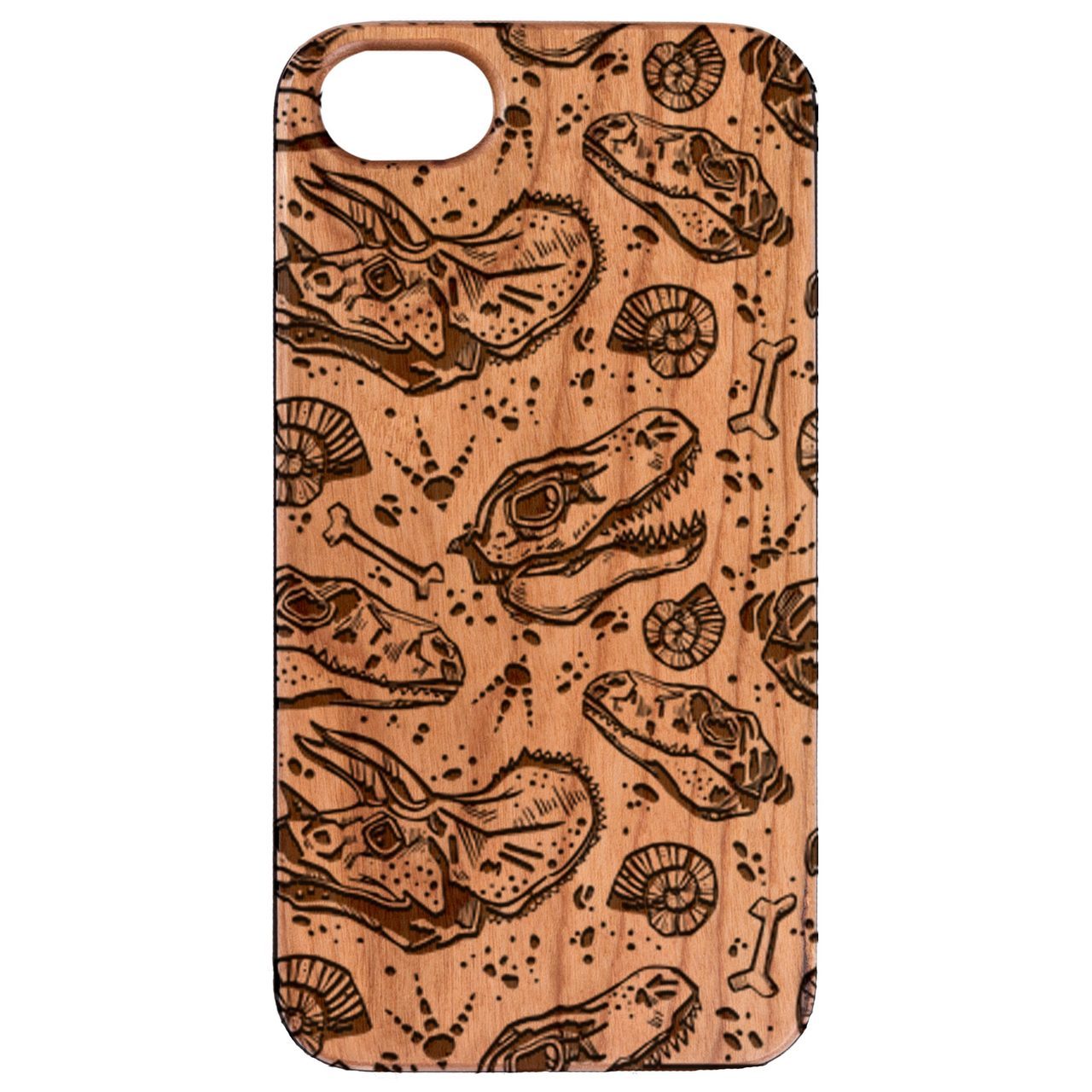 Dinosaur Fossil Engraved wooden phone case showcasing intricate design and durable materials.