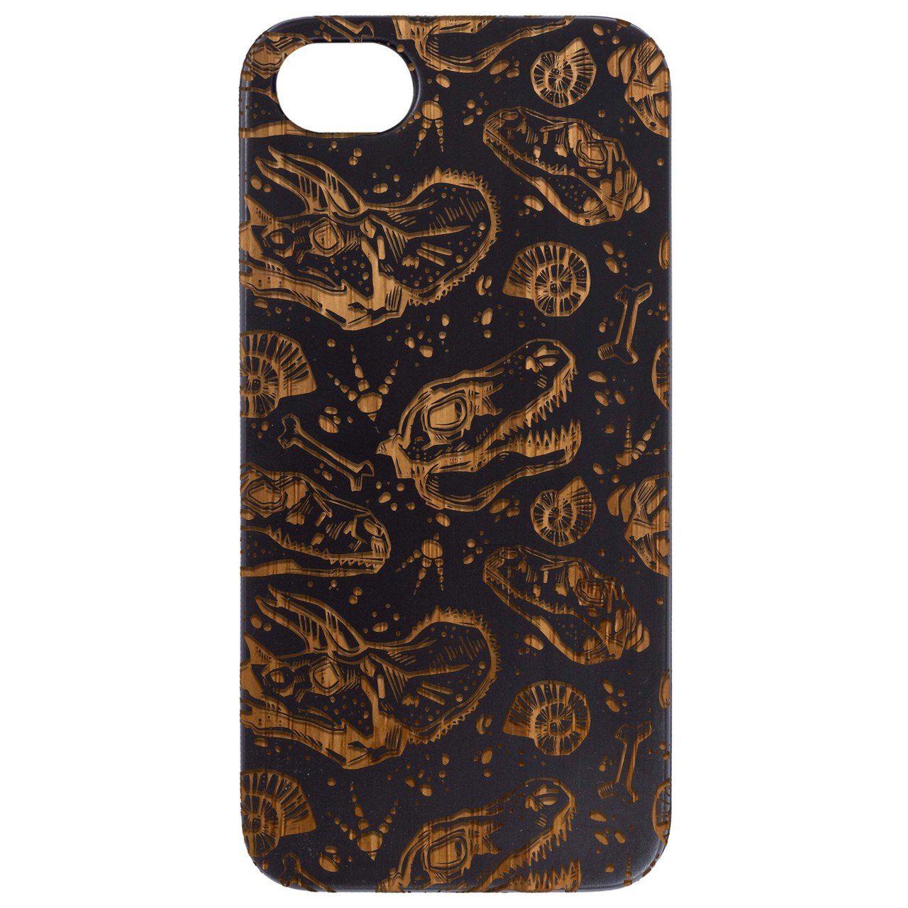 Dinosaur Fossil Engraved wooden phone case showcasing intricate design and durable materials.