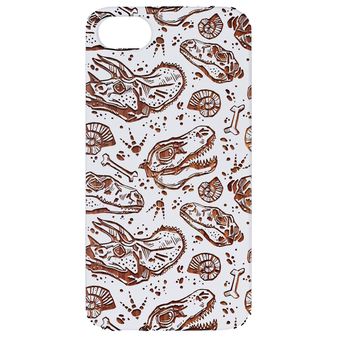 Dinosaur Fossil Engraved wooden phone case showcasing intricate design and durable materials.