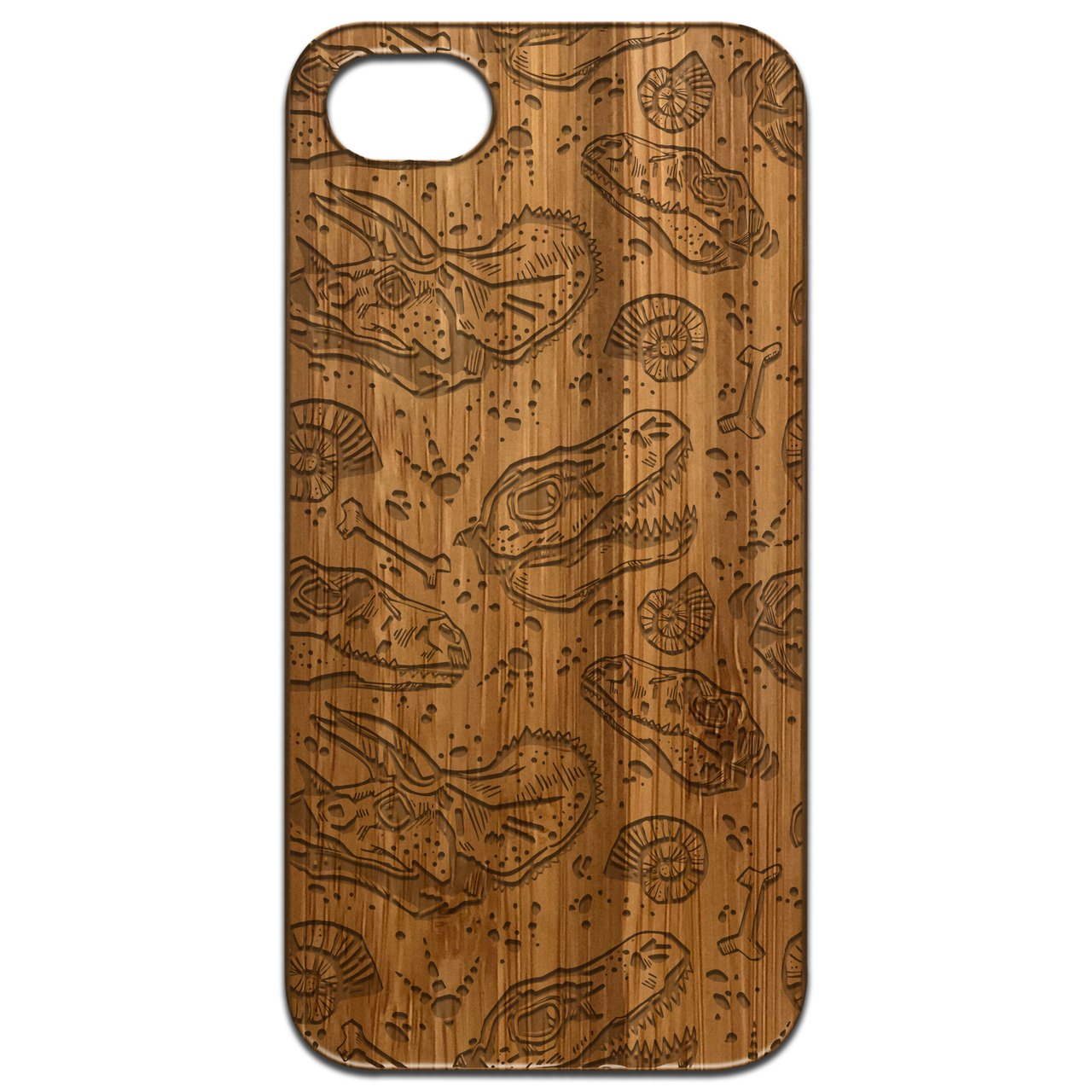 Dinosaur Fossil Engraved wooden phone case showcasing intricate design and durable materials.