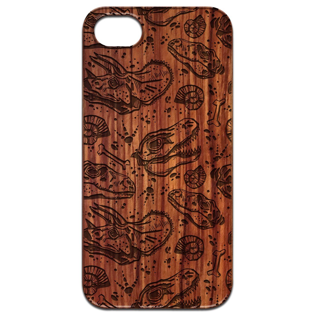 Dinosaur Fossil Engraved wooden phone case showcasing intricate design and durable materials.