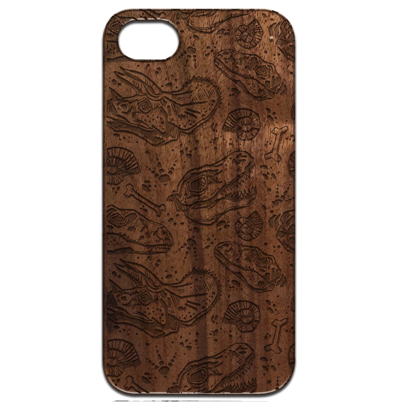 Dinosaur Fossil Engraved wooden phone case showcasing intricate design and durable materials.