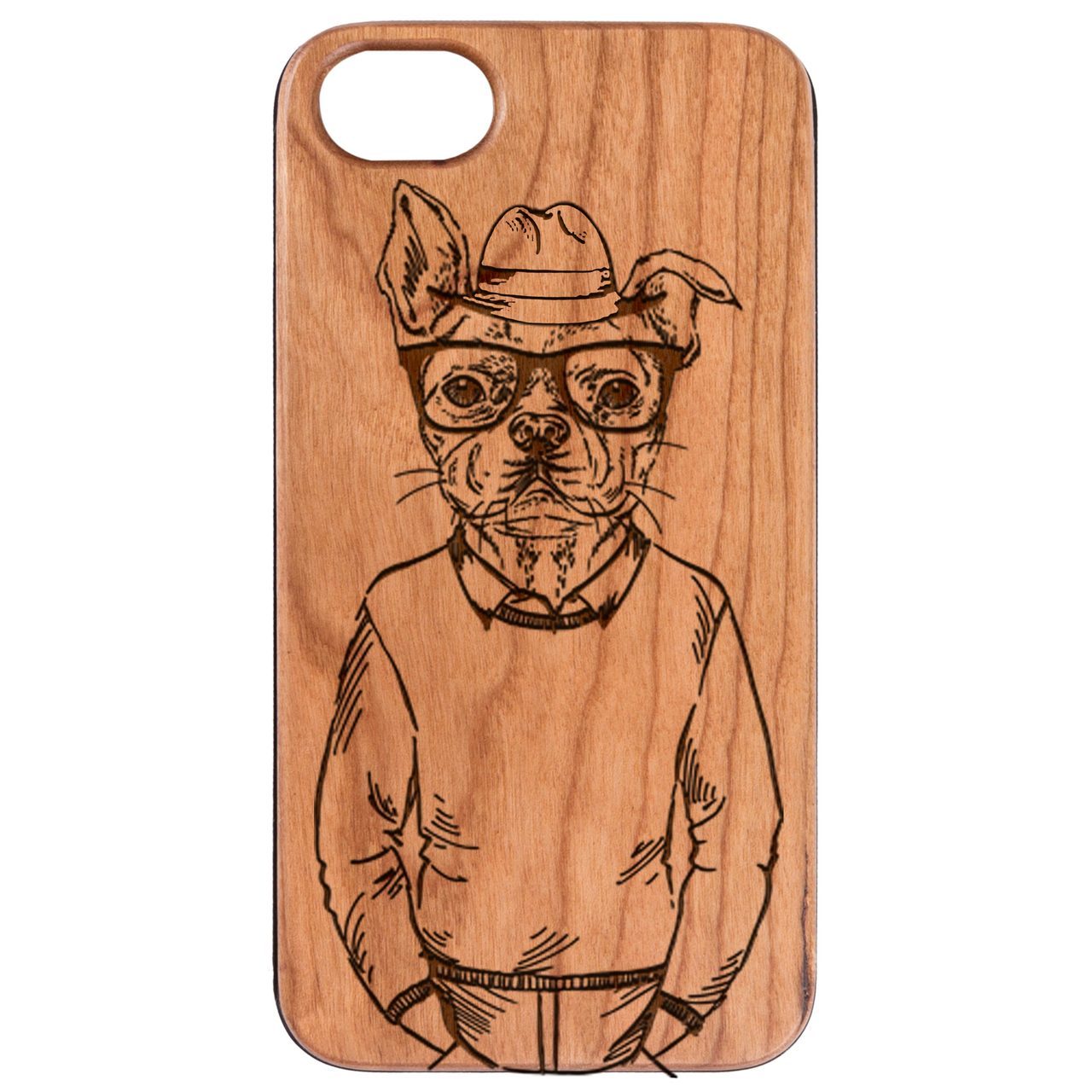 Dogman Engraved wooden phone case showcasing unique laser-engraved design and natural wood finish.