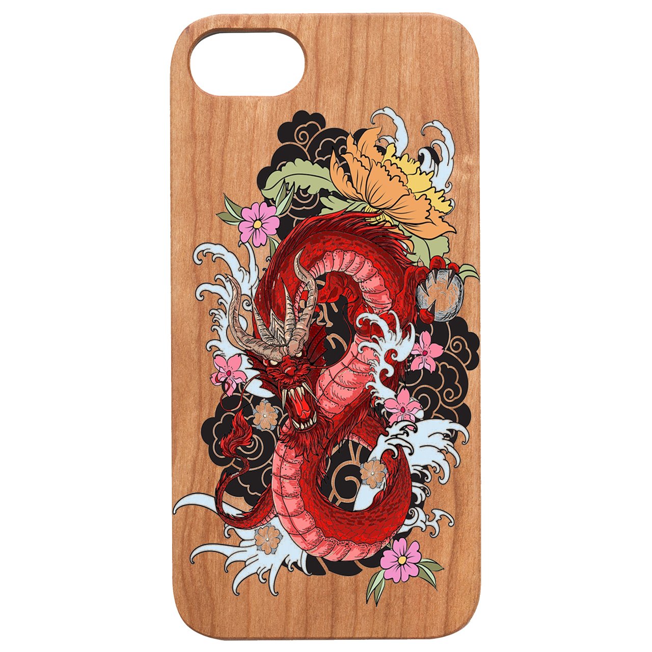 Dragon Japanese UV Color Printed phone case showcasing vibrant colors and natural wood texture, designed for iPhone and Samsung models.