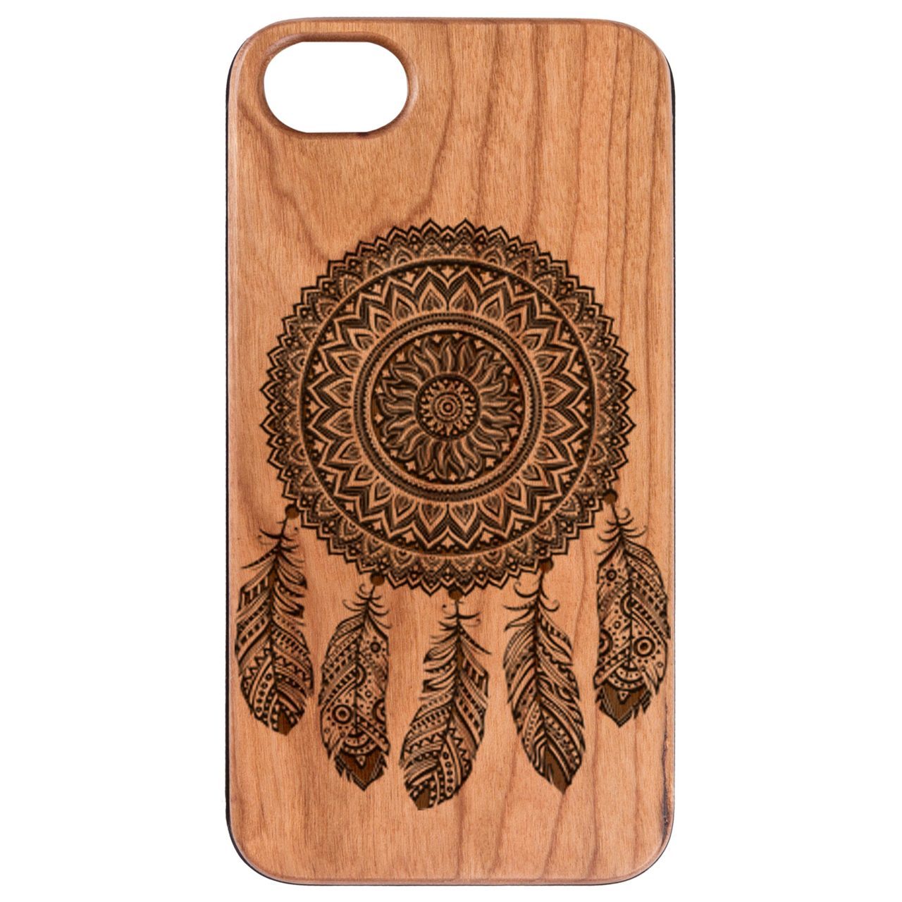 Dream Catcher 1 - Engraved wooden phone case featuring intricate laser-engraved design and natural wood finish.