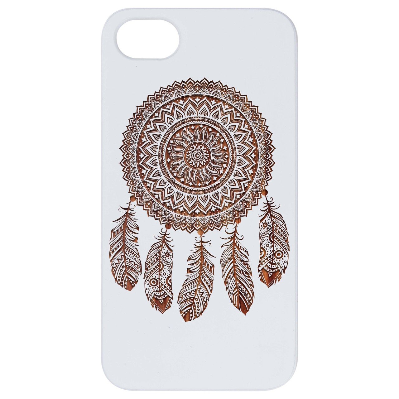 Dream Catcher 1 - Engraved wooden phone case featuring intricate laser-engraved design and natural wood finish.