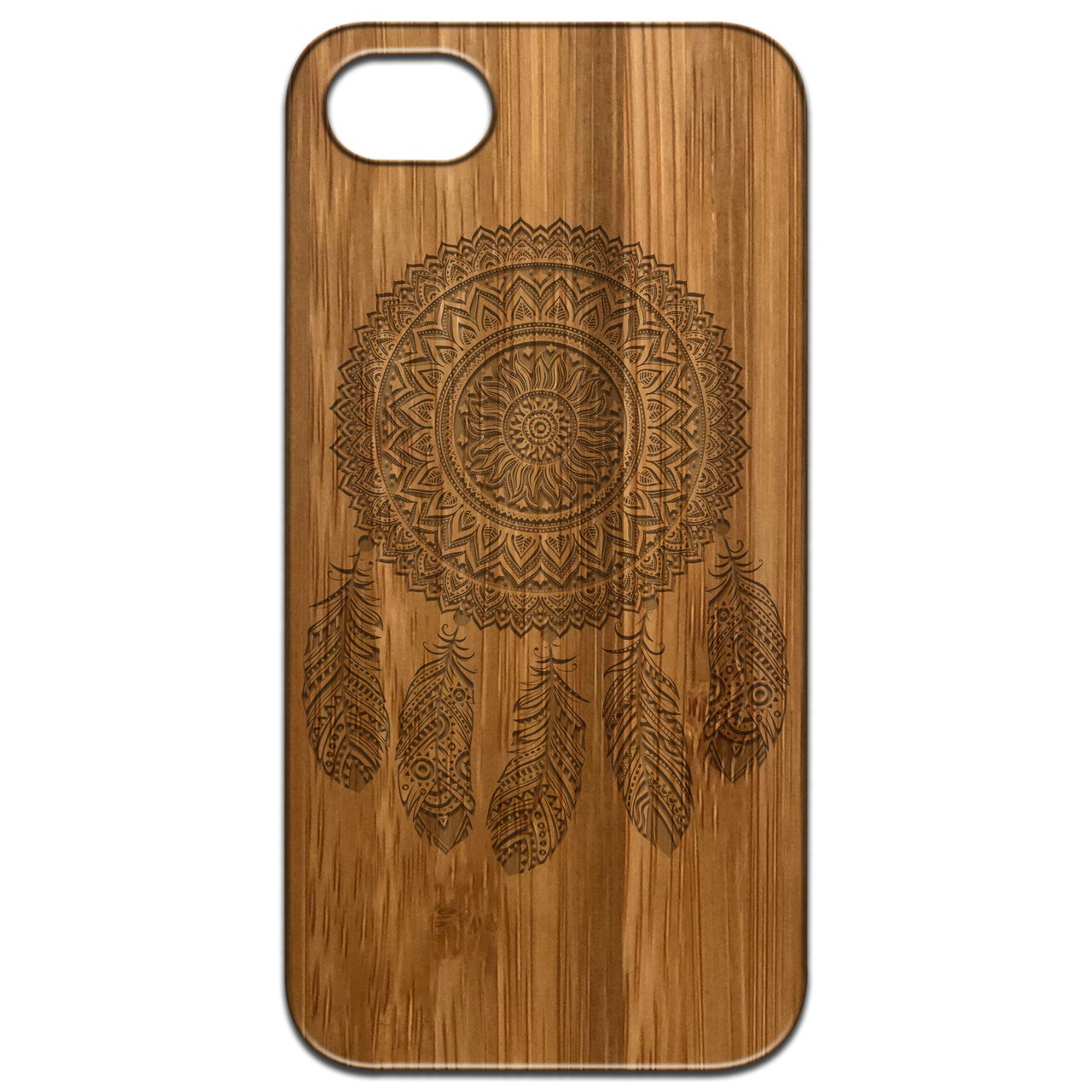 Dream Catcher 1 - Engraved wooden phone case featuring intricate laser-engraved design and natural wood finish.