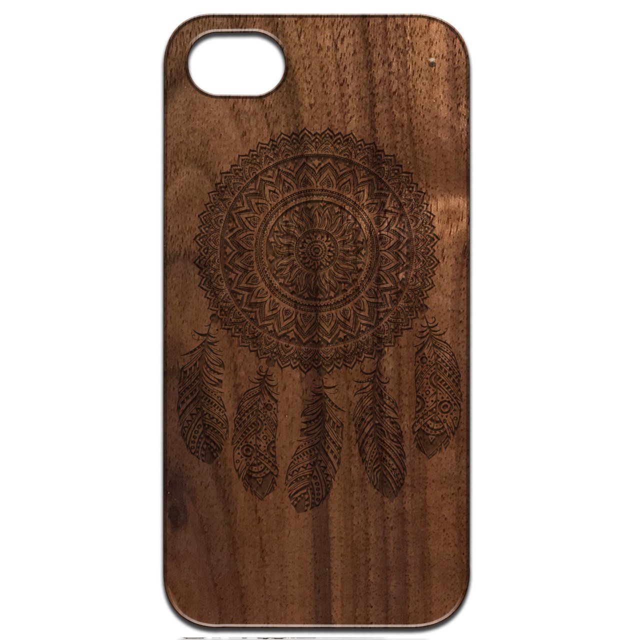 Dream Catcher 1 - Engraved wooden phone case featuring intricate laser-engraved design and natural wood finish.