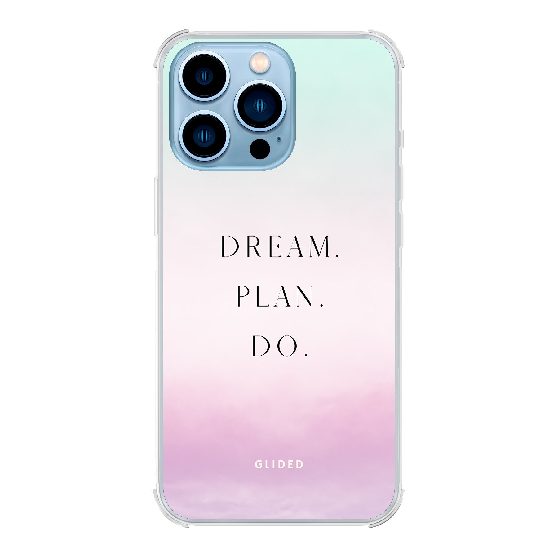 Dream Handyhülle für iPhone 13 Pro Max mit inspirierendem Spruch 'Dream, plan, do' und ästhetischem Design.