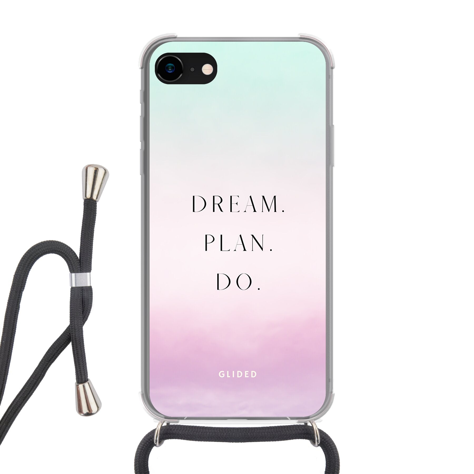 Dream iPhone 8 Handyhülle mit inspirierendem Spruch 'Dream, plan, do', stoßfestem Design und präzisen Aussparungen für Anschlüsse.