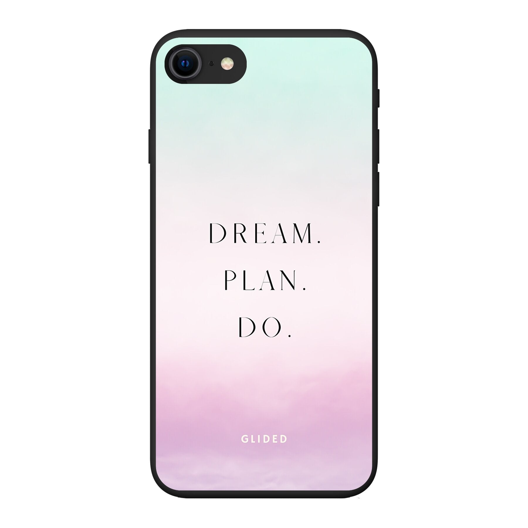 Dream iPhone 8 Handyhülle mit inspirierendem Spruch 'Dream, plan, do', stoßfestem Design und präzisen Aussparungen für Anschlüsse.