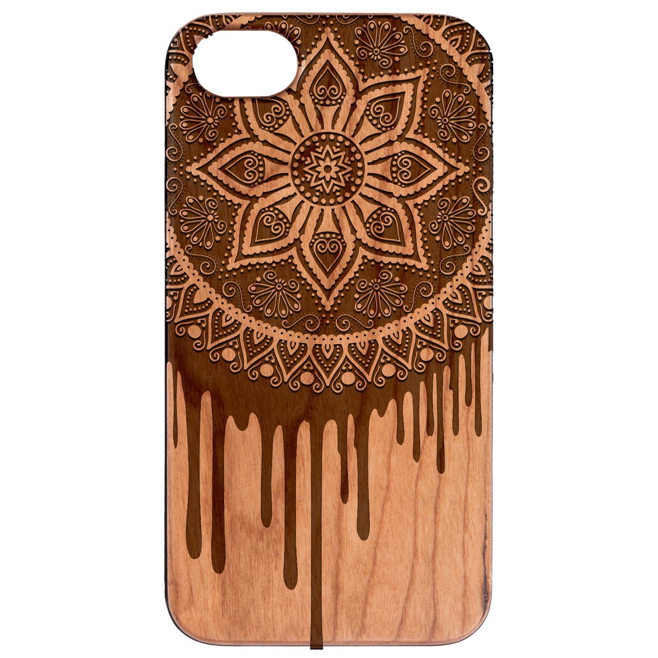 Dripping Mandala - Engraved wooden phone case showcasing intricate laser-engraved design and natural wood finish.