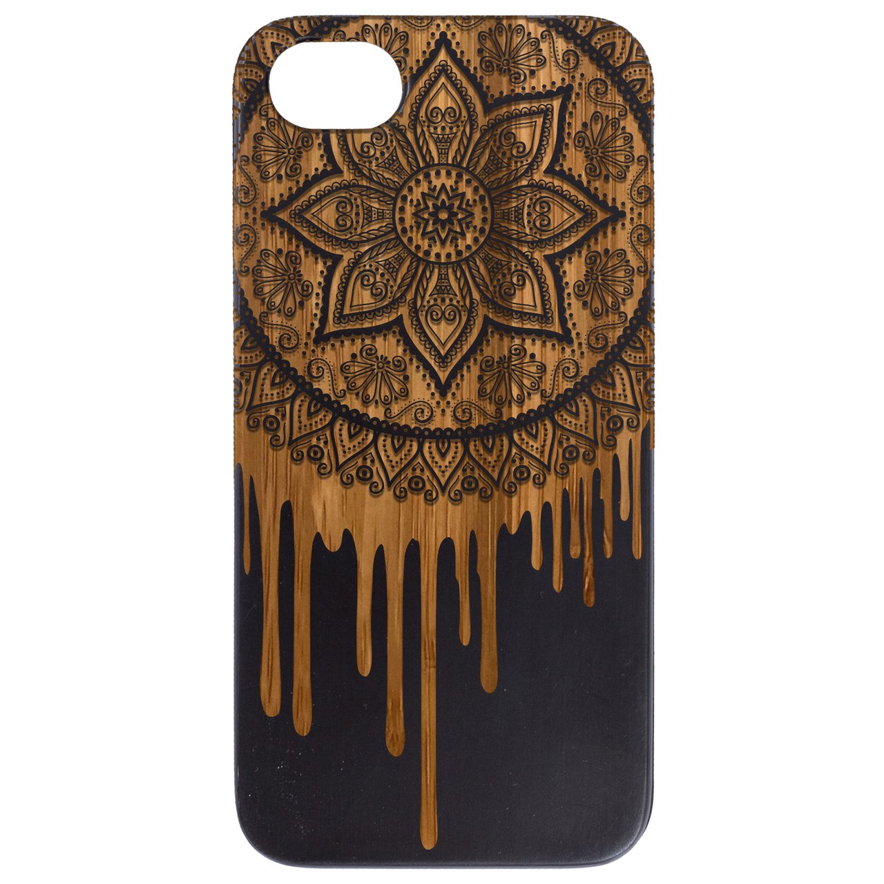 Dripping Mandala - Engraved wooden phone case showcasing intricate laser-engraved design and natural wood finish.