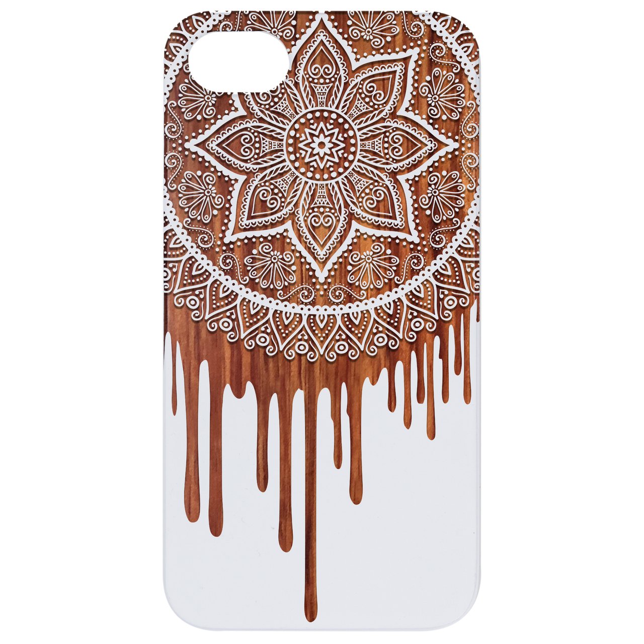 Dripping Mandala - Engraved wooden phone case showcasing intricate laser-engraved design and natural wood finish.