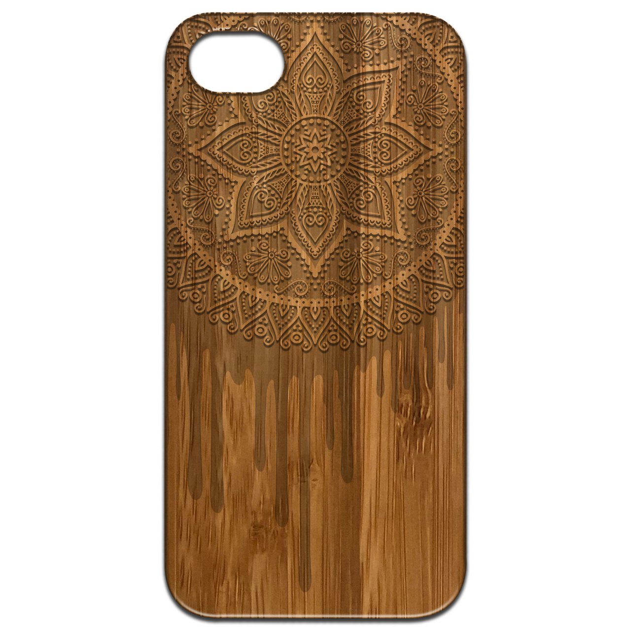 Dripping Mandala - Engraved wooden phone case showcasing intricate laser-engraved design and natural wood finish.