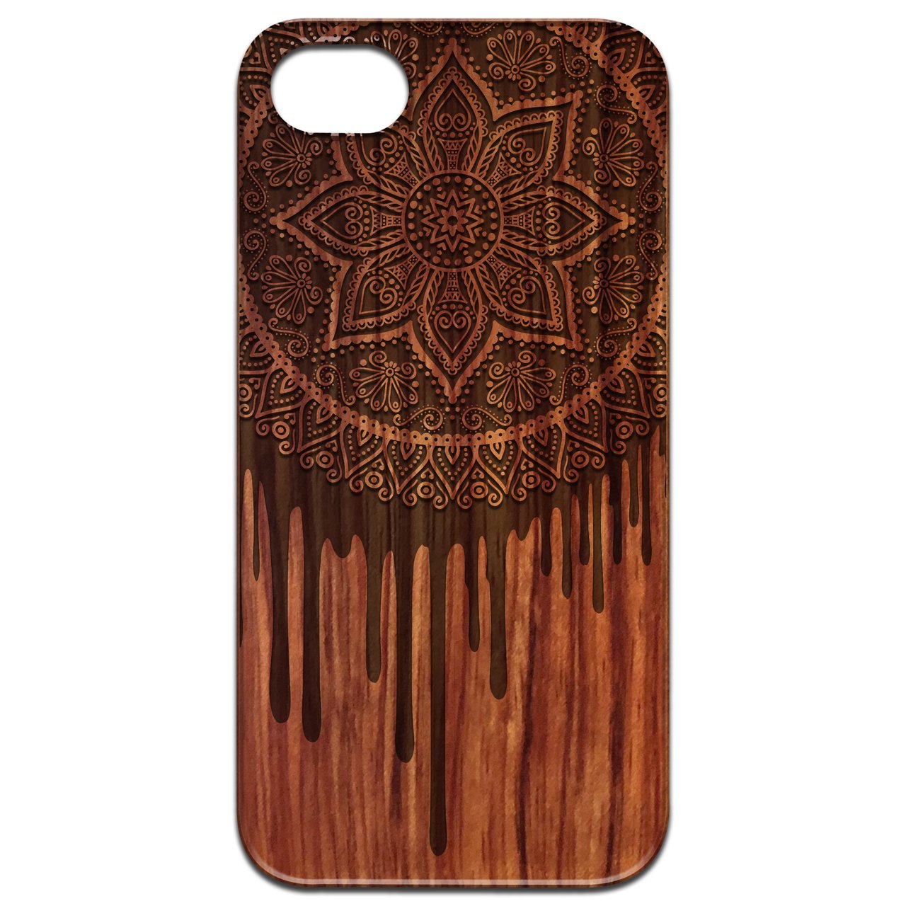 Dripping Mandala - Engraved wooden phone case showcasing intricate laser-engraved design and natural wood finish.