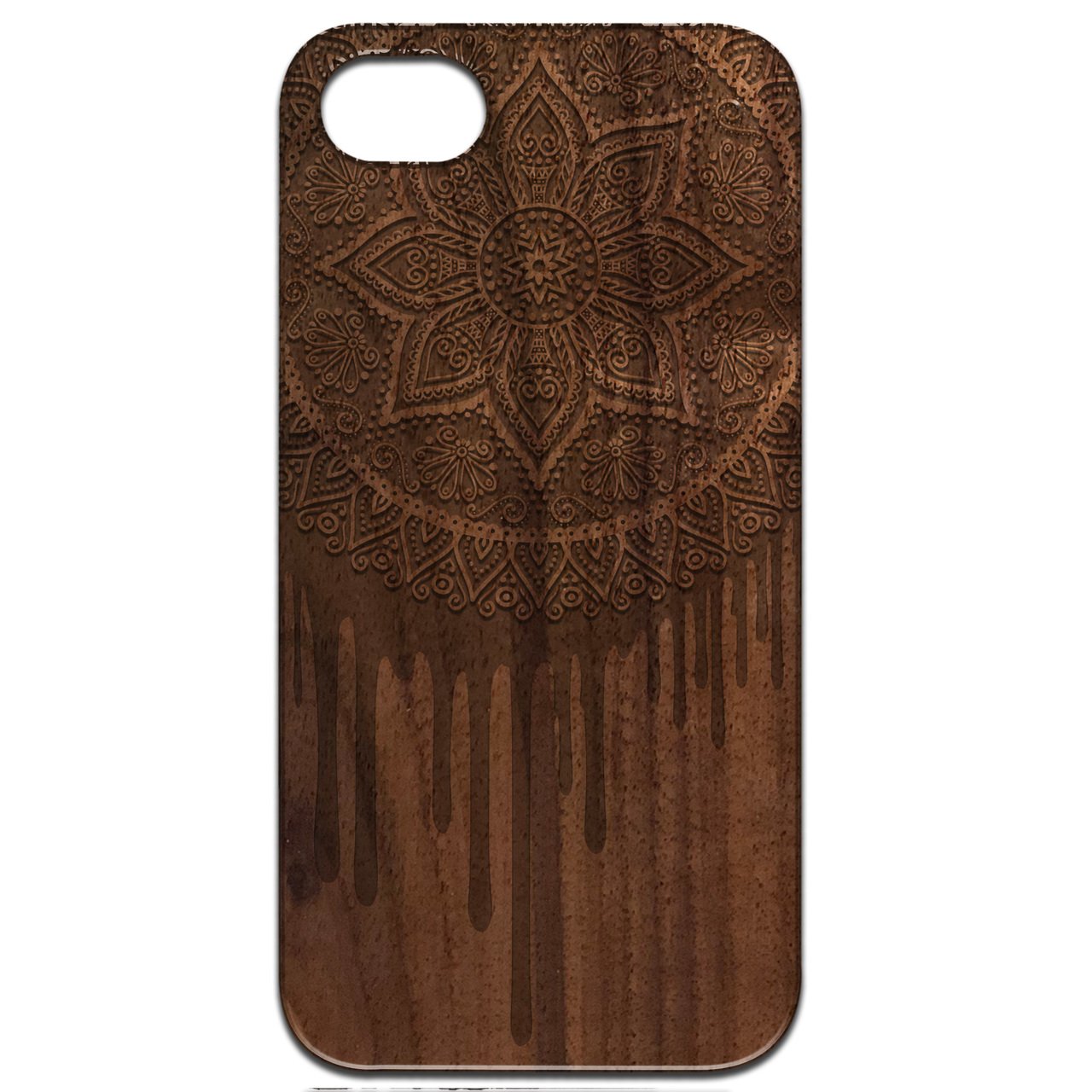 Dripping Mandala - Engraved wooden phone case showcasing intricate laser-engraved design and natural wood finish.