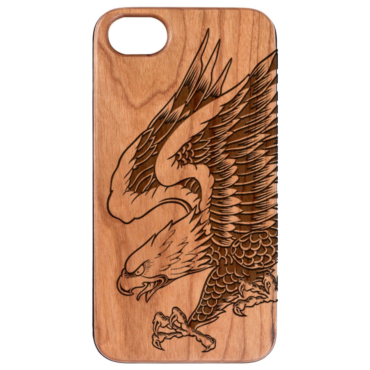 Eagle Attack - Engraved wooden phone case showcasing intricate laser-engraved design and natural wood finish.