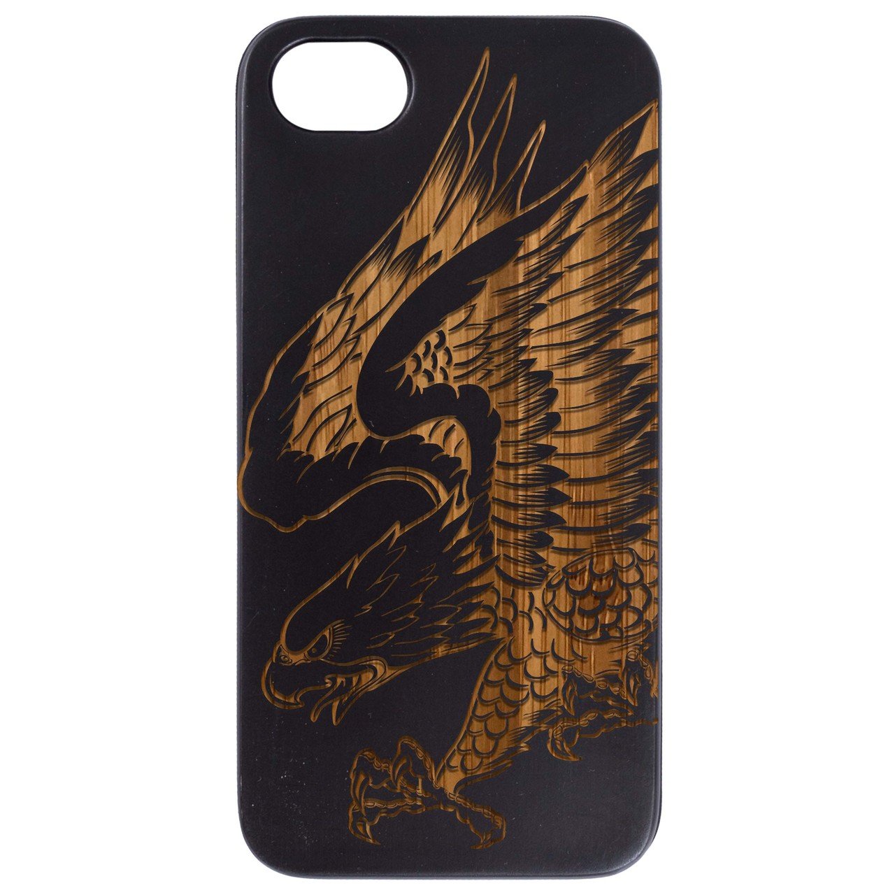 Eagle Attack - Engraved wooden phone case showcasing intricate laser-engraved design and natural wood finish.