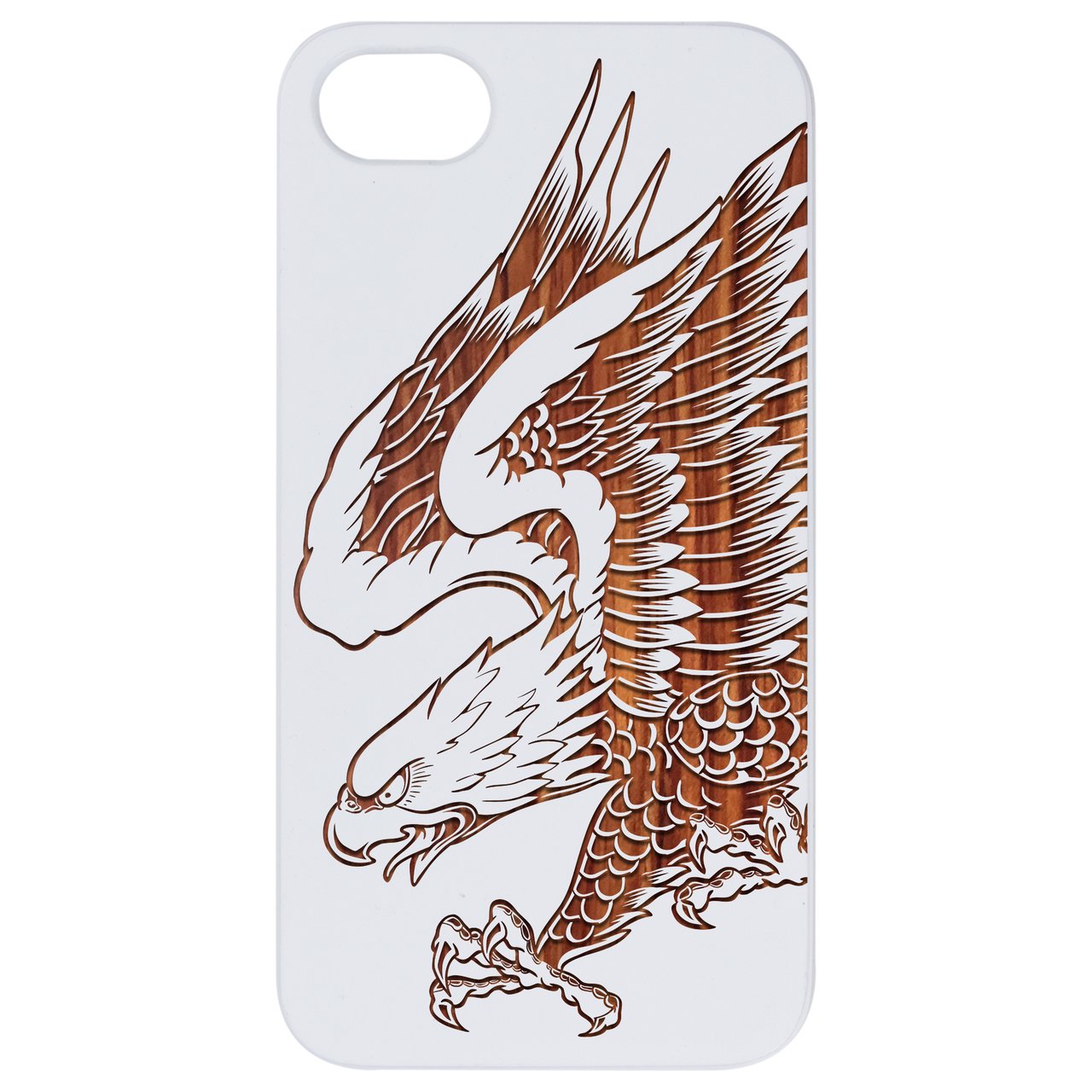 Eagle Attack - Engraved wooden phone case showcasing intricate laser-engraved design and natural wood finish.