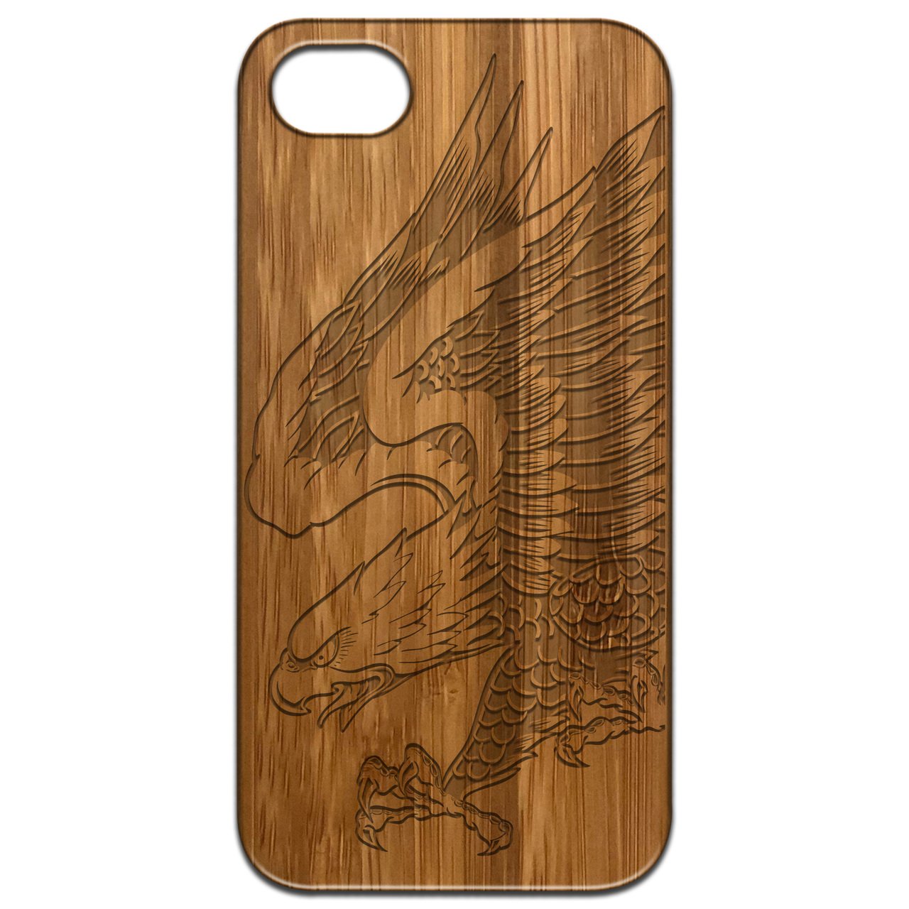 Eagle Attack - Engraved wooden phone case showcasing intricate laser-engraved design and natural wood finish.