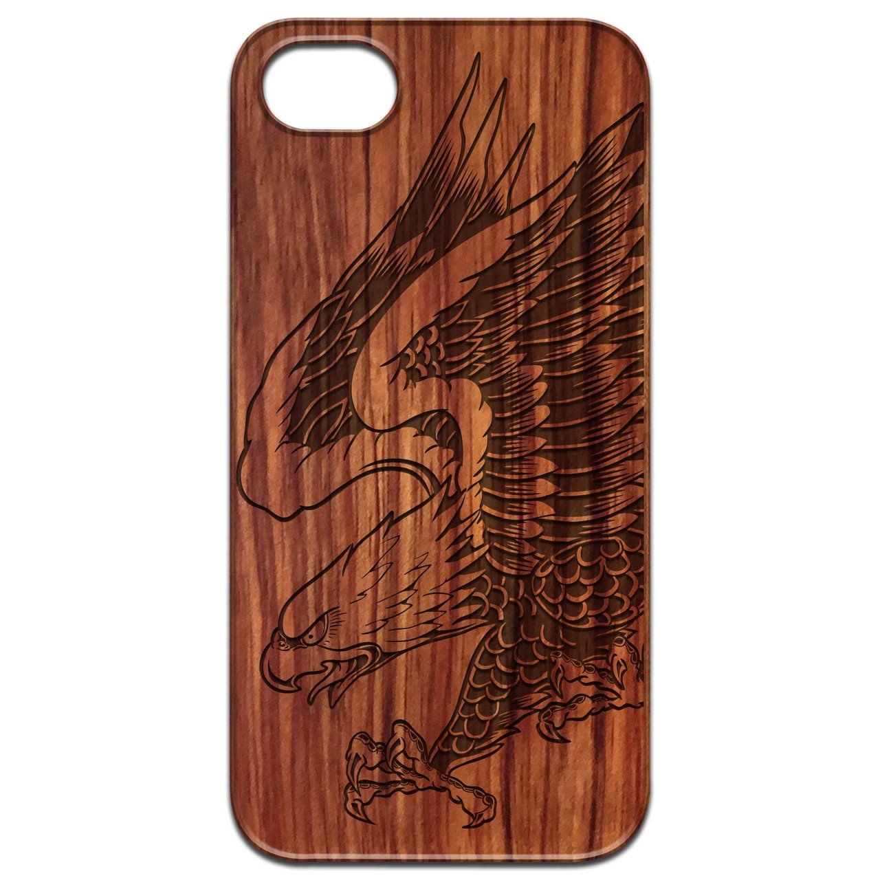 Eagle Attack - Engraved wooden phone case showcasing intricate laser-engraved design and natural wood finish.