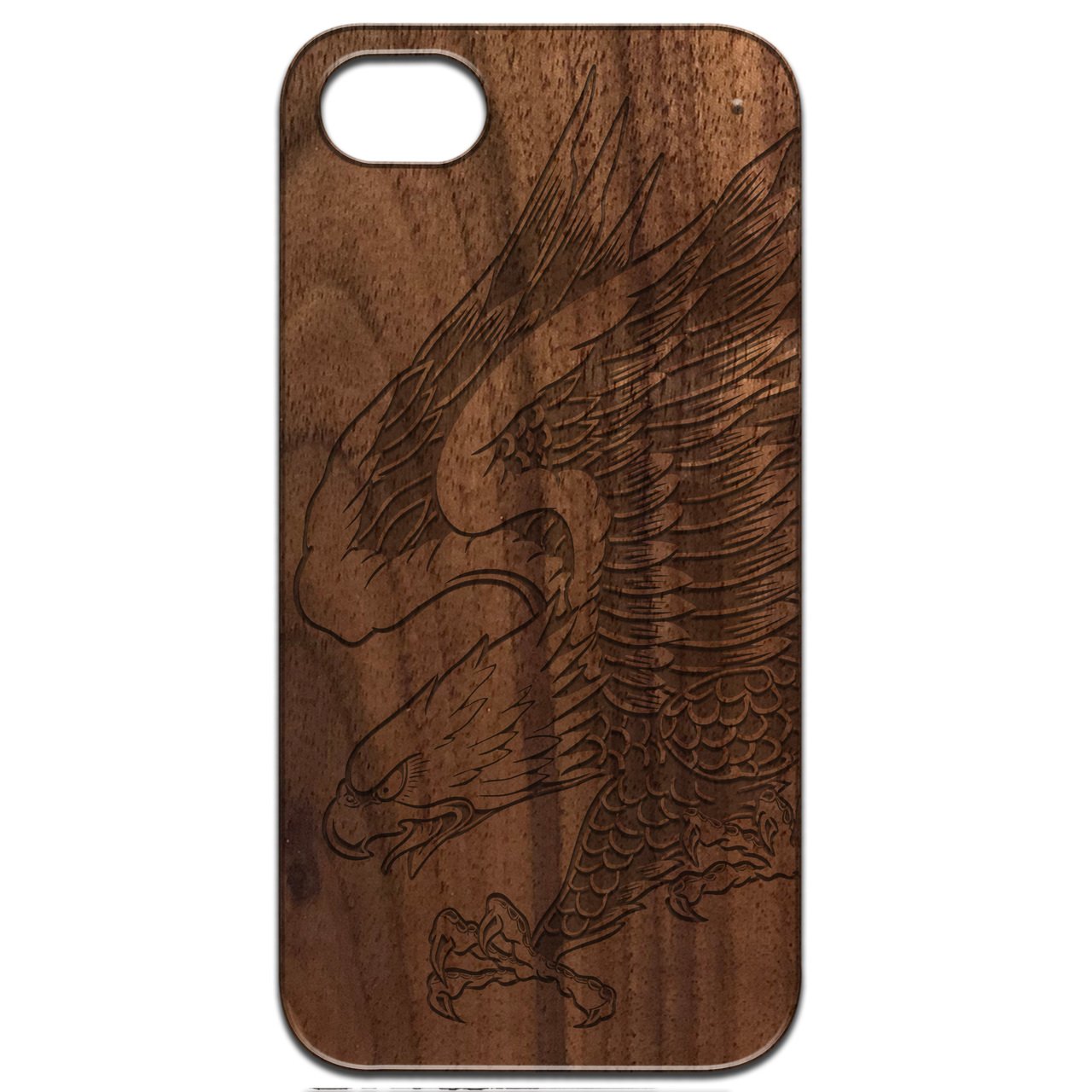 Eagle Attack - Engraved wooden phone case showcasing intricate laser-engraved design and natural wood finish.