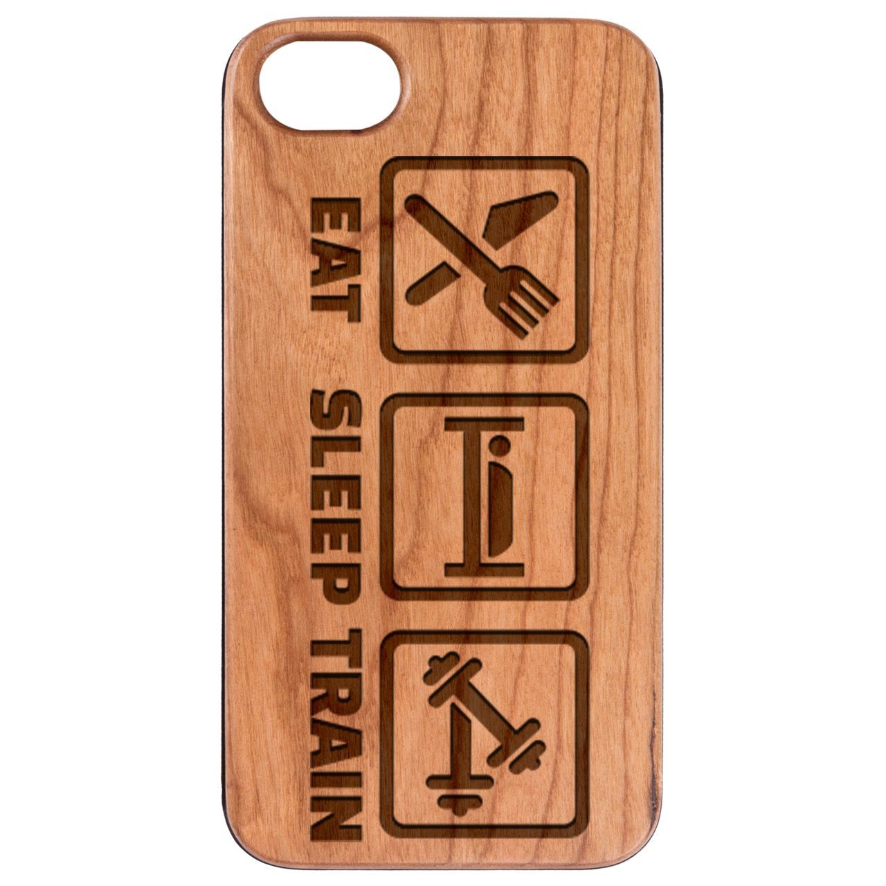 Eat Sleep Train engraved wooden phone case showcasing natural wood grain and stylish design.