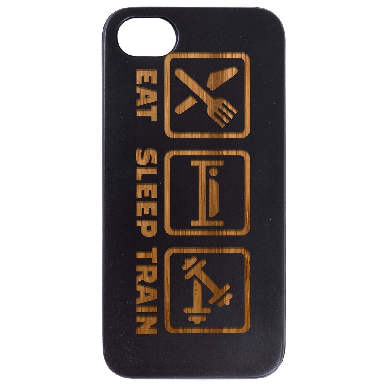 Eat Sleep Train engraved wooden phone case showcasing natural wood grain and stylish design.