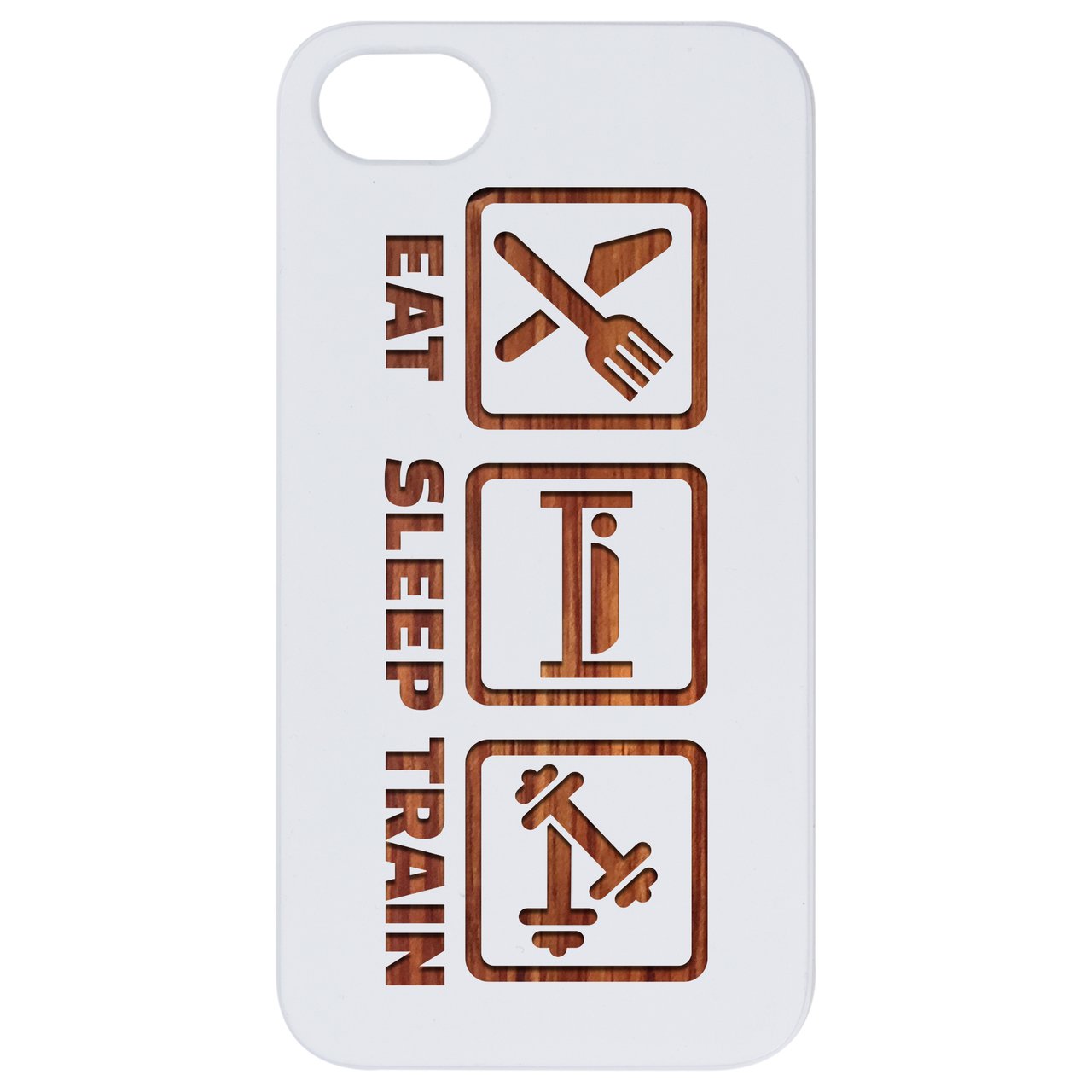 Eat Sleep Train engraved wooden phone case showcasing natural wood grain and stylish design.