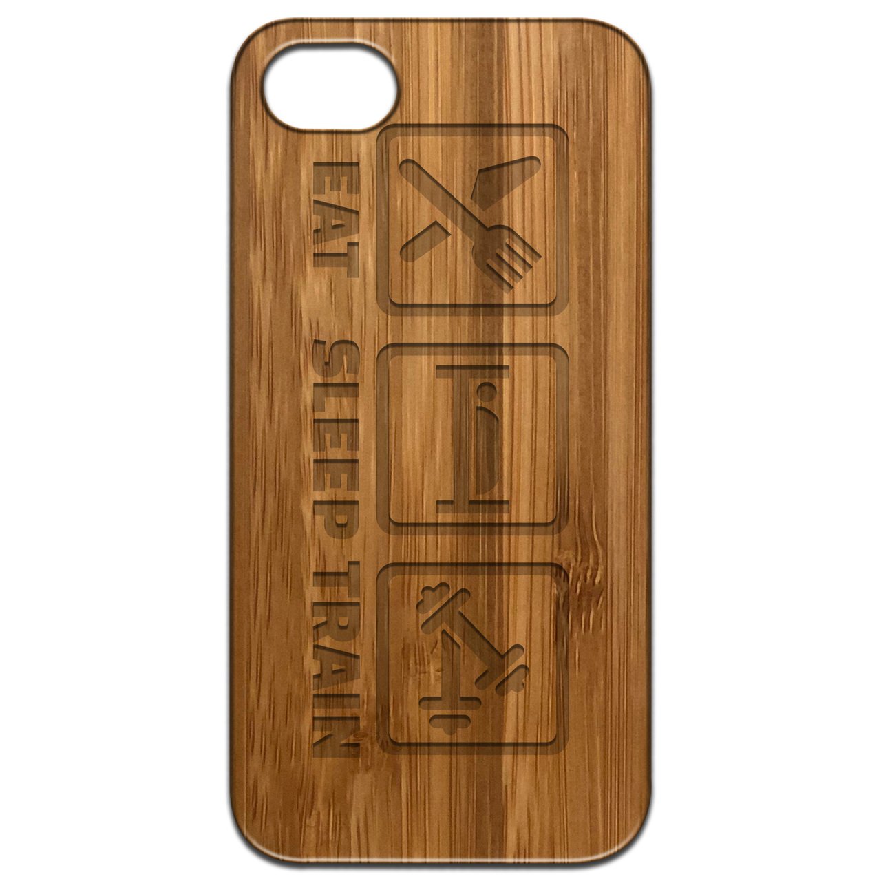 Eat Sleep Train engraved wooden phone case showcasing natural wood grain and stylish design.