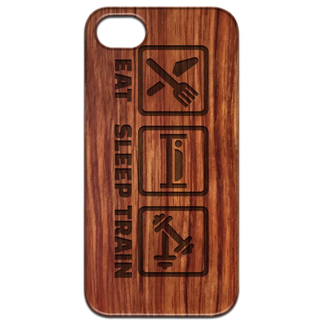 Eat Sleep Train engraved wooden phone case showcasing natural wood grain and stylish design.