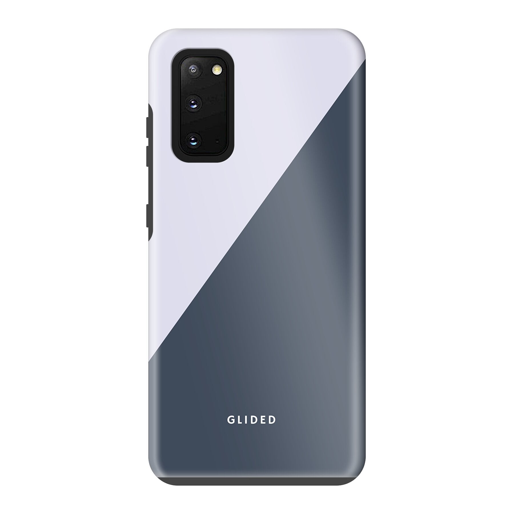 Edge Handyhülle für Samsung Galaxy S20 in Grau und Weiß, minimalistisches Design mit klaren Linien und präzisen Aussparungen.