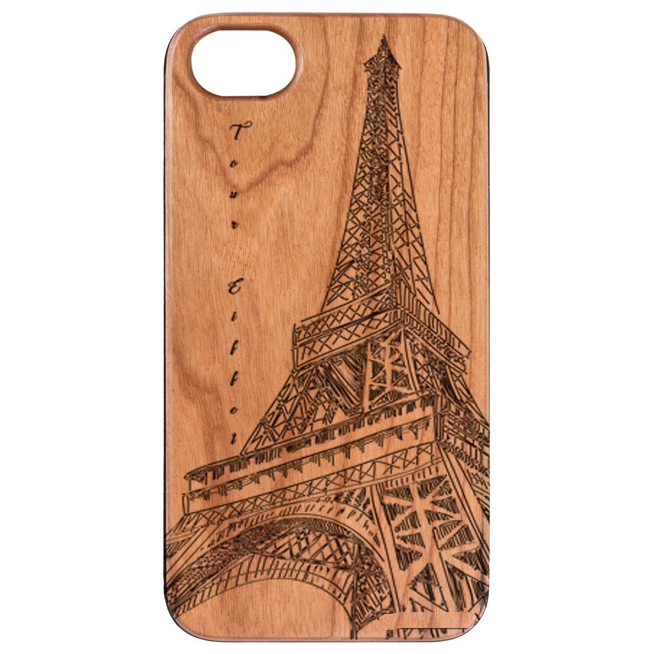 Eiffel Tower Engraved wooden phone case showcasing intricate design and natural wood finish.