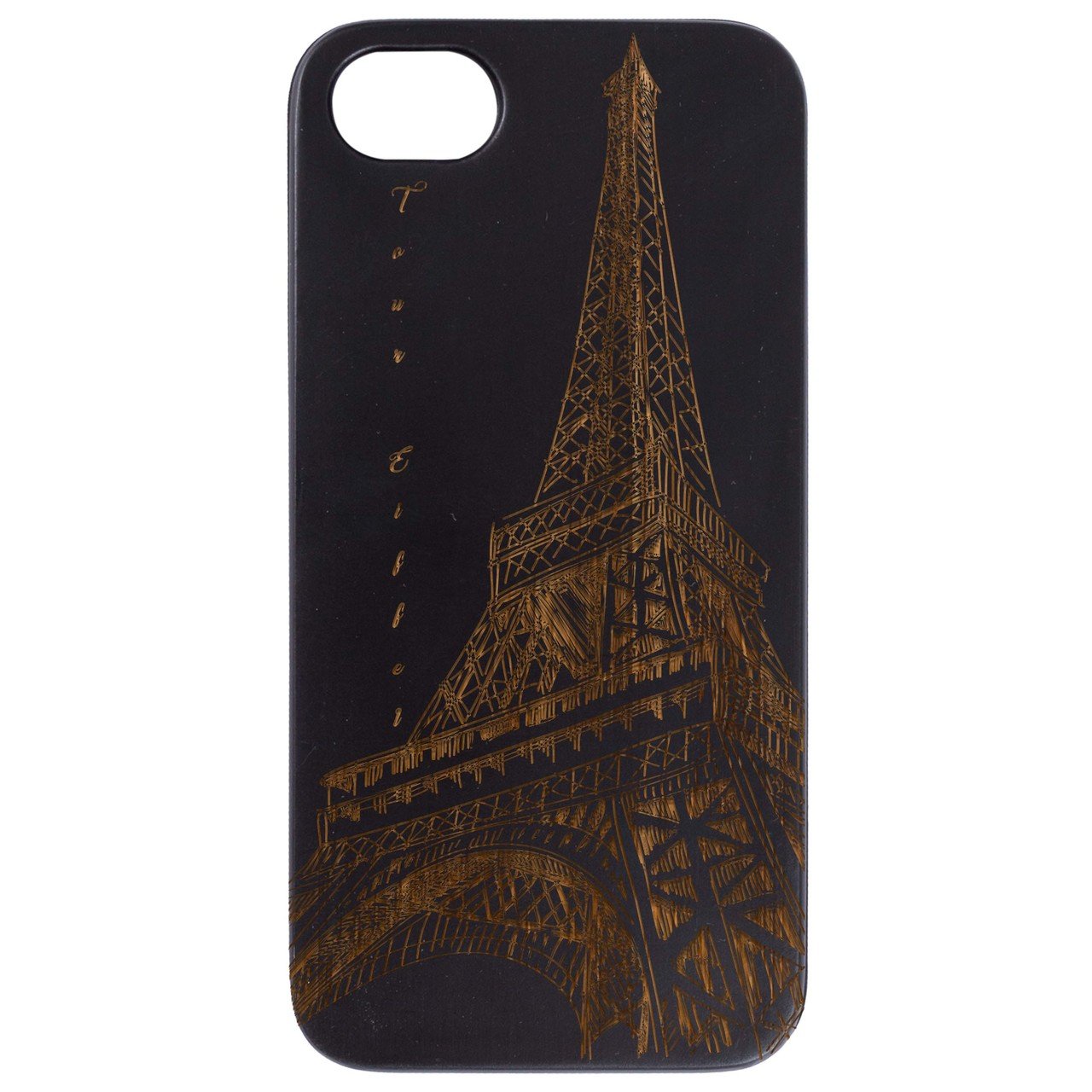 Eiffel Tower Engraved wooden phone case showcasing intricate design and natural wood finish.