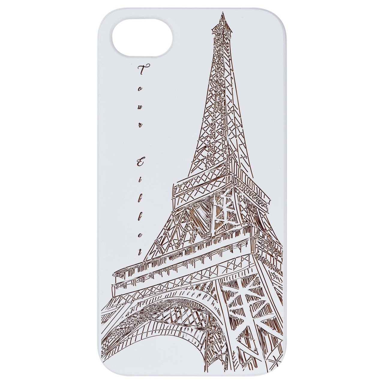 Eiffel Tower Engraved wooden phone case showcasing intricate design and natural wood finish.