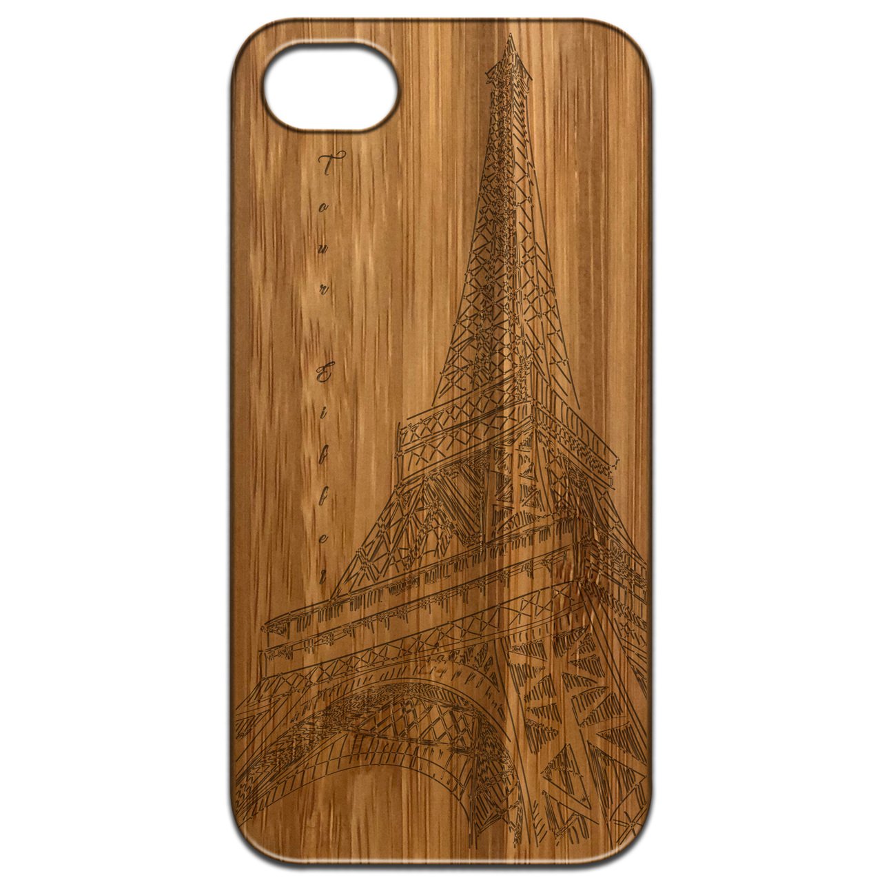 Eiffel Tower Engraved wooden phone case showcasing intricate design and natural wood finish.