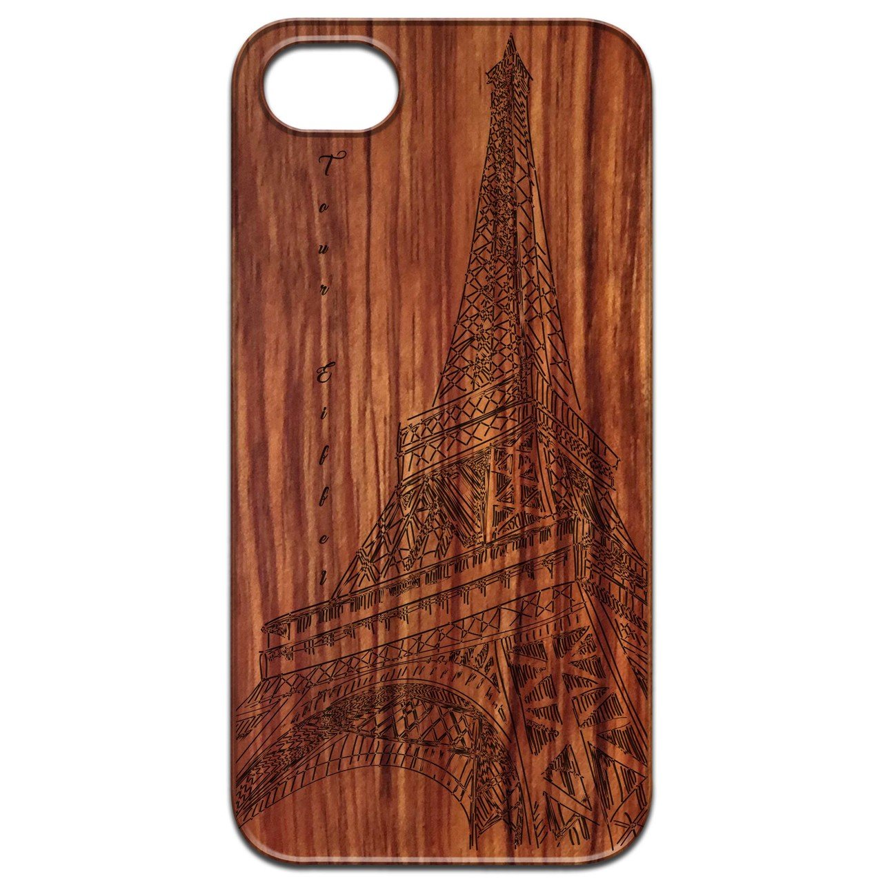 Eiffel Tower Engraved wooden phone case showcasing intricate design and natural wood finish.