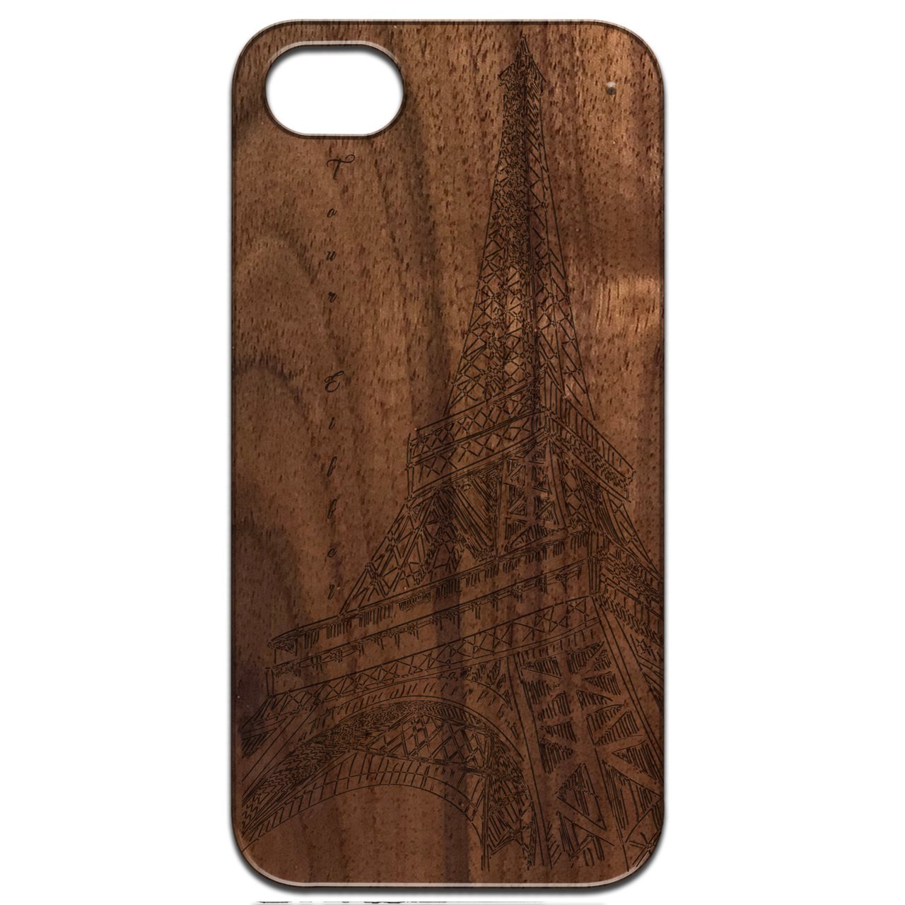 Eiffel Tower Engraved wooden phone case showcasing intricate design and natural wood finish.