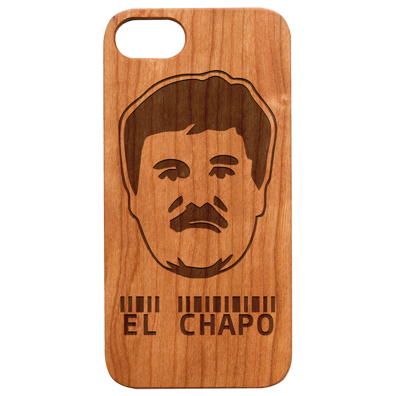 El Chapo Engraved wooden phone case showcasing unique laser-engraved design and natural wood finish.