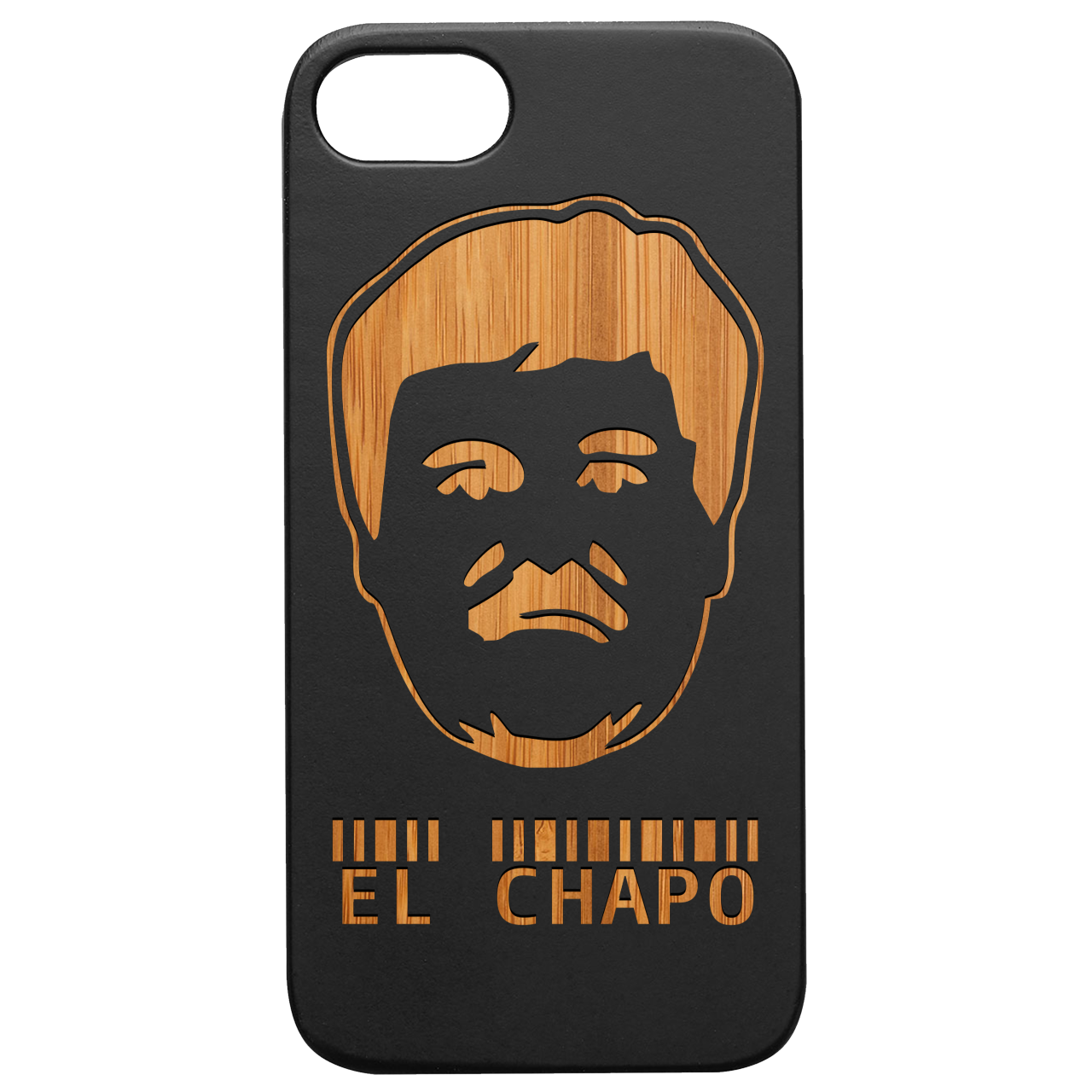 El Chapo Engraved wooden phone case showcasing unique laser-engraved design and natural wood finish.