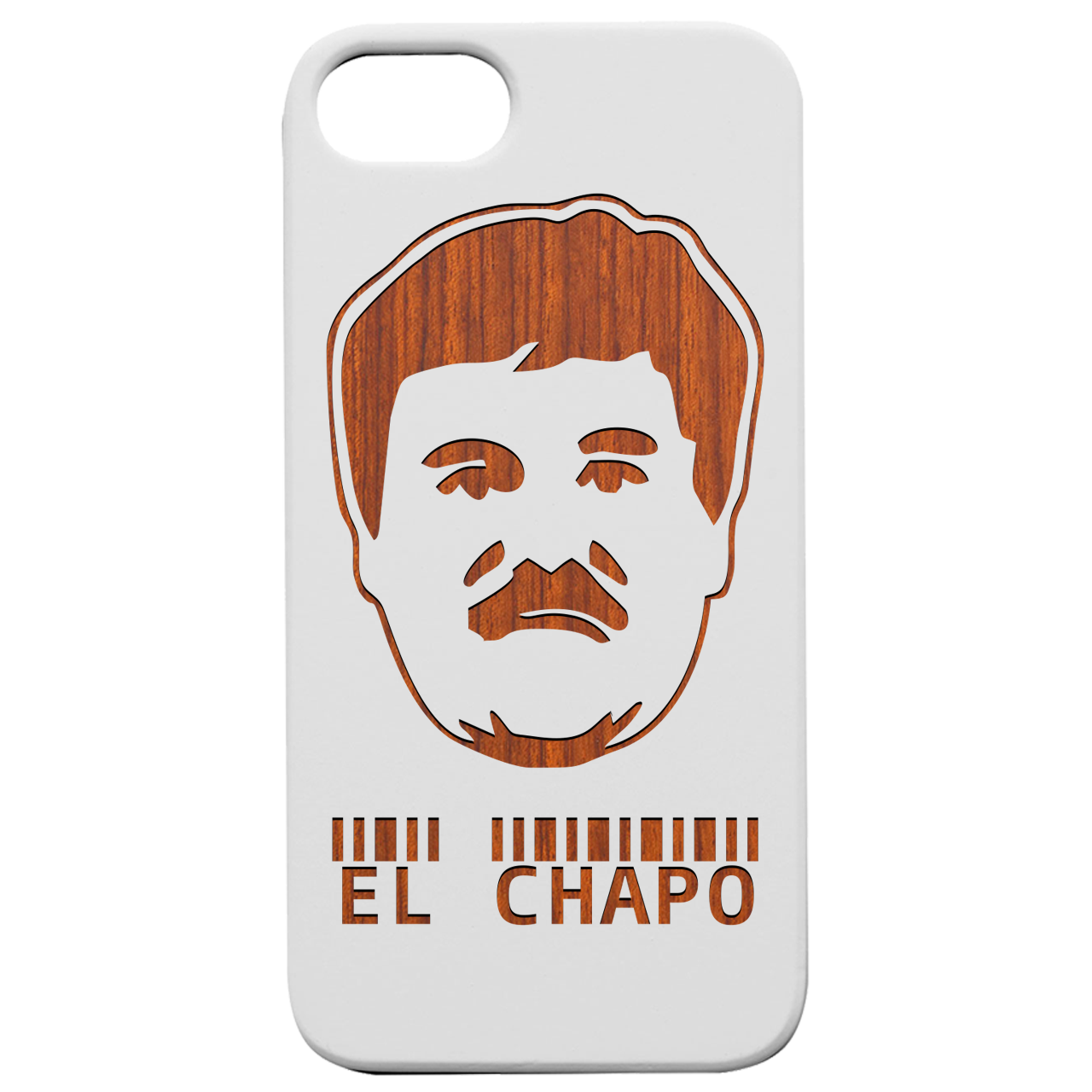 El Chapo Engraved wooden phone case showcasing unique laser-engraved design and natural wood finish.