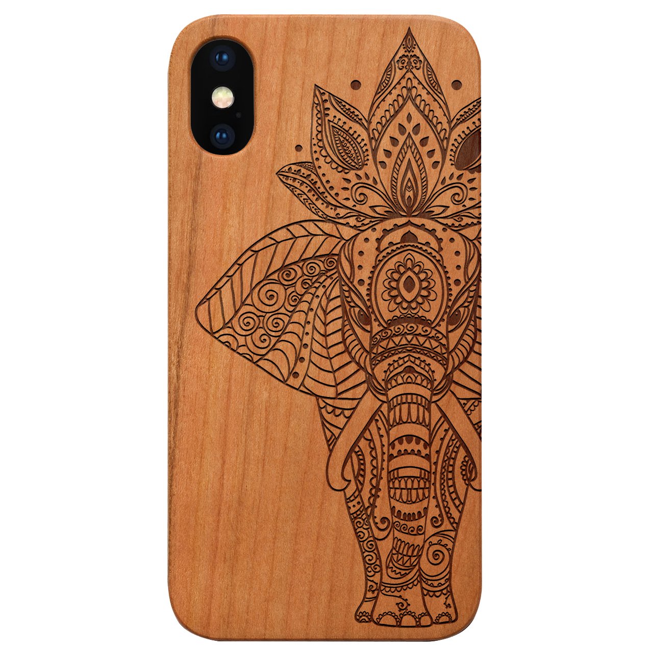 Elephant 1 Engraved wooden phone case showcasing unique laser-engraved design and natural wood finish.