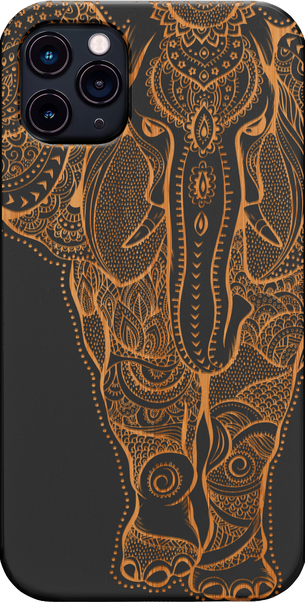 Elephant 2 - Engraved wooden phone case showcasing intricate laser-engraved designs and natural wood finish.