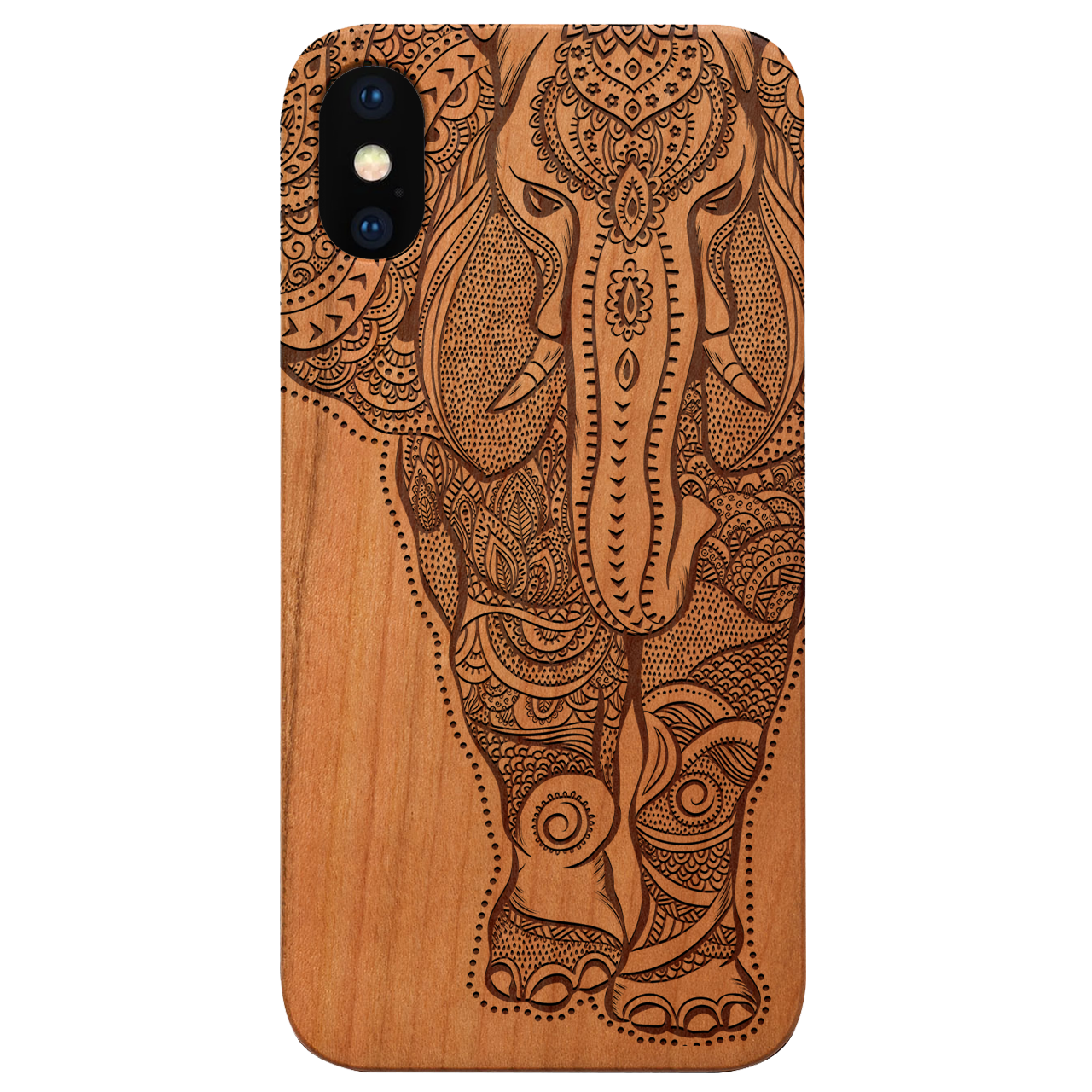 Elephant 2 - Engraved wooden phone case showcasing intricate laser-engraved designs and natural wood finish.