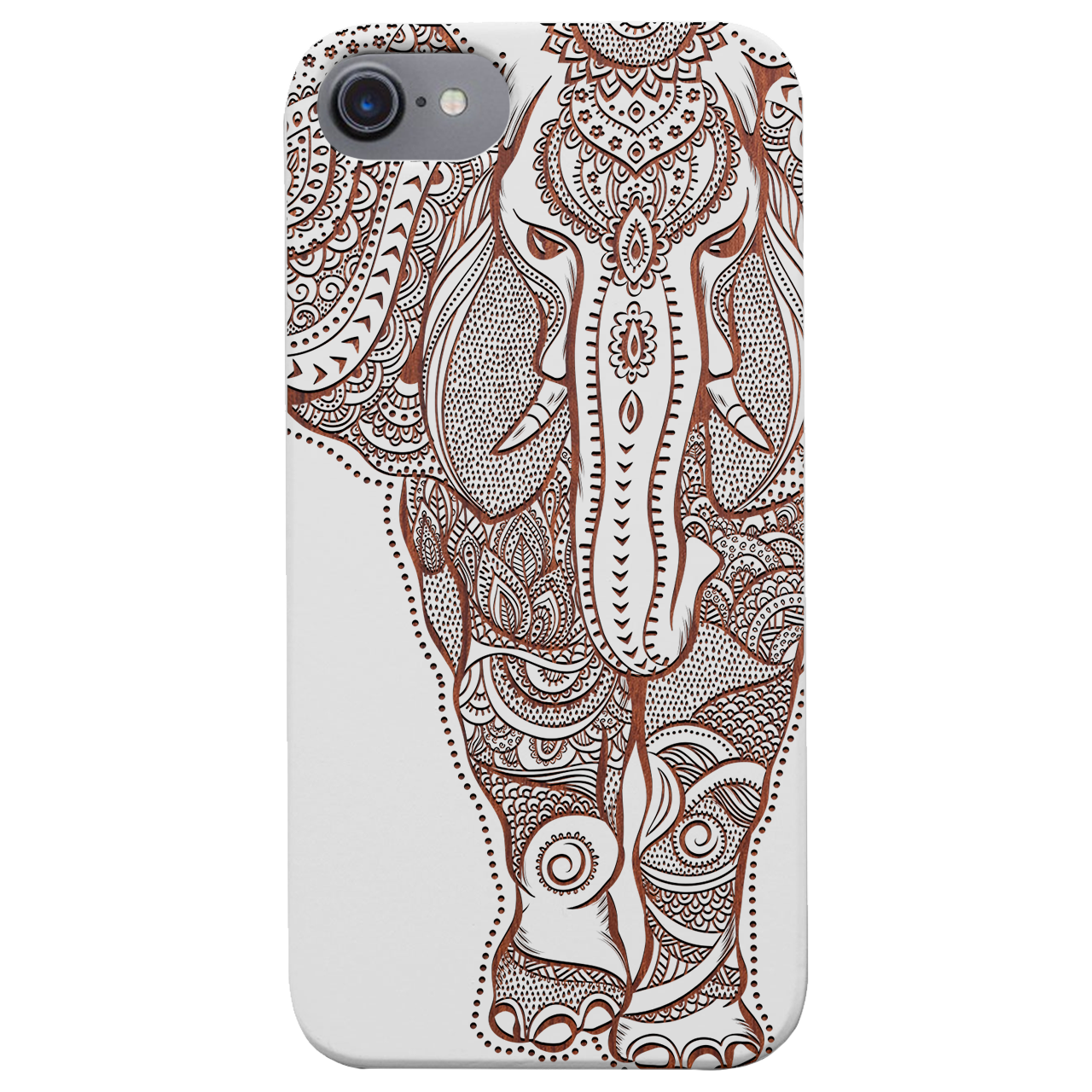 Elephant 2 - Engraved wooden phone case showcasing intricate laser-engraved designs and natural wood finish.