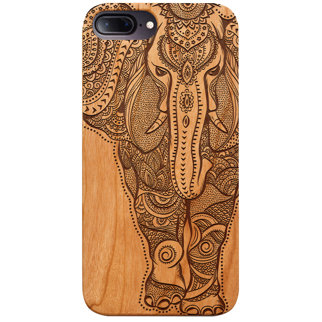 Elephant 2 - Engraved wooden phone case showcasing intricate laser-engraved designs and natural wood finish.