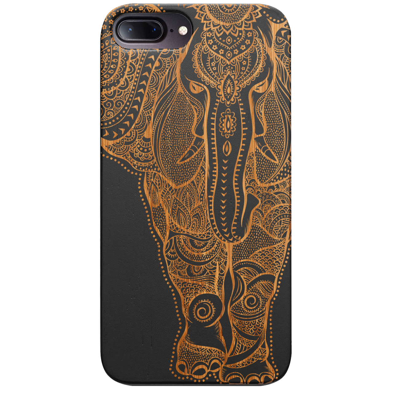 Elephant 2 - Engraved wooden phone case showcasing intricate laser-engraved designs and natural wood finish.